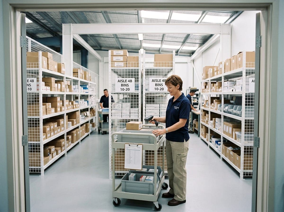 A worker picks orders between shelves in a clean medical supplies store.