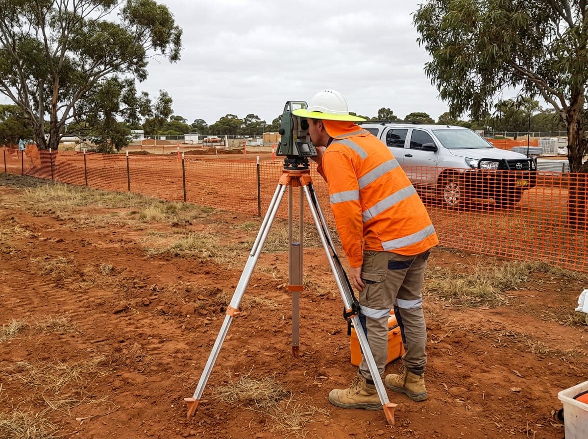 A surveyor in hi-vis sets up equipment on red earth.