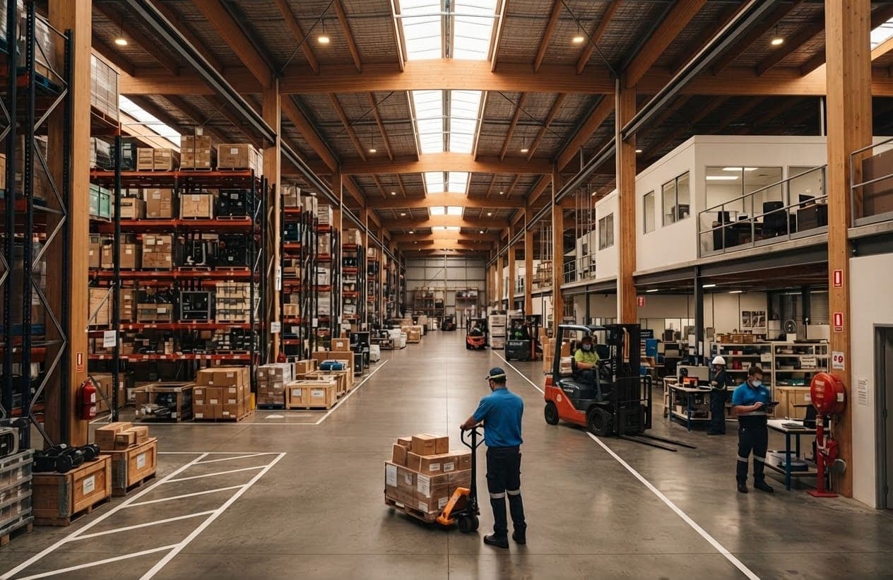 A worker moves a pallet of boxes through a large, timber-roofed warehouse.