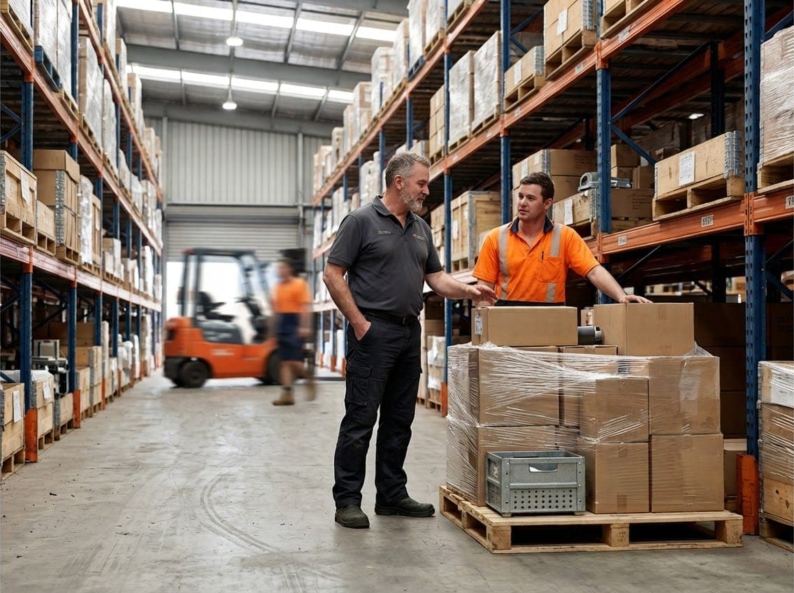 Two men talk beside a pallet of boxes in a warehouse aisle.