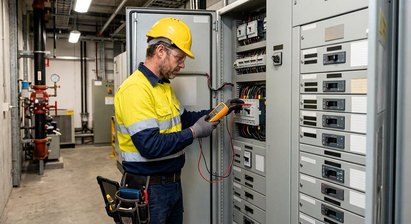 An electrician in a hard hat tests a switchboard.